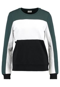 Färgblockerad sweatshirt med mörkgröna, vita och svarta paneler; tillverkad av mjukt tyg med rund halsringning och ribbade ärmmuddar.
