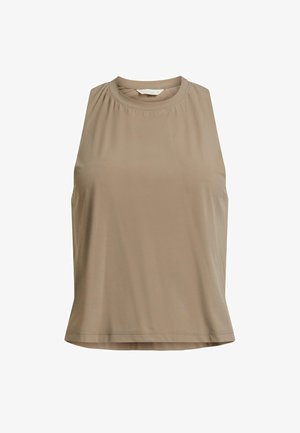 Top sans manches beige avec un col ras du cou, texture lisse, détail froncé aux épaules et coupe décontractée. L'ourlet est légèrement incurvé.