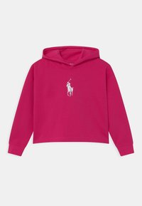 Fuchsia croppad hoodie i mjukt material med en framficka för händerna. Har en vit broderad polo-spelare logotyp på bröstet.