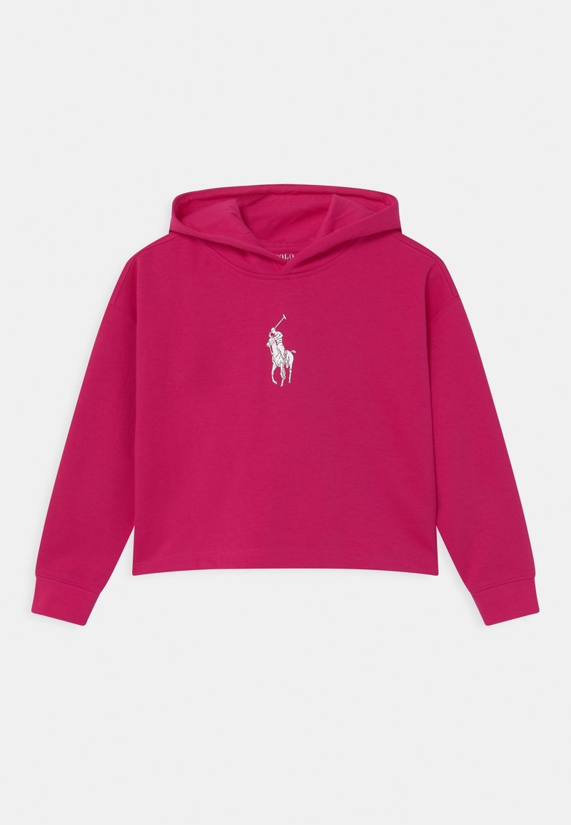 Haut court fuchsia en tissu doux avec une poche kangourou à l'avant. Présente un logo de joueur de polo brodé en blanc sur la poitrine.