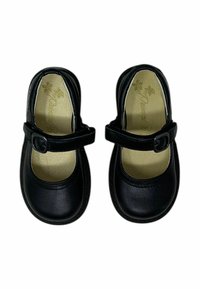 Scarpe Mary Jane nere in pelle, con punta arrotondata, cinturino e chiusura con fibbia, e una finitura liscia opaca. Soletta imbottita per il comfort.