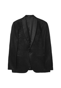 Giacca da smoking nera con motivo a trama, rever in satin, due tasche frontali e chiusura a un bottone, con una fodera interna liscia.