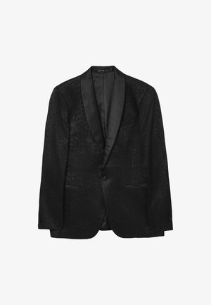 Schwarze Smokingjacke mit strukturiertem Muster, satinierter Spitzrevers, zwei Fronttaschen und einer Knopfschließe, ausgestattet mit einem glatten Innenfutter.