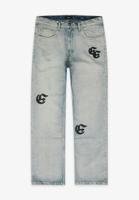 Jeans dritti di colore blu chiaro con lavaggio sbiadito, lettere gotiche ricamate in nero sulla coscia destra e sulle ginocchia sinistre.