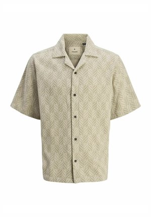Short-sleeve shirt in light green and beige herringbone pattern, features a spread collar and five dark buttons down the front.