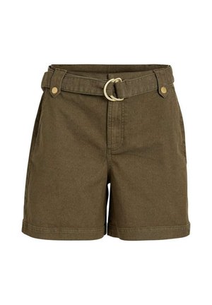 Shorts vert olive en coton mélangé, avec une taille ajustée, des passants de ceinture, une boucle ronde et deux poches avant.
