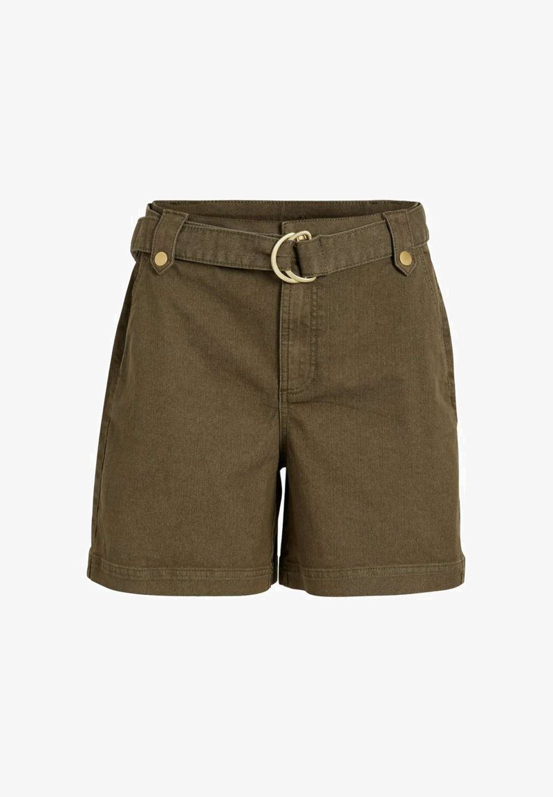 Shorts vert olive en coton mélangé, avec une taille ajustée, des passants de ceinture, une boucle ronde et deux poches avant.