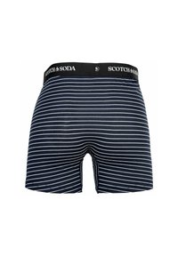 Blaue und weiße gestreifte Boxershorts mit einem schwarzen Bund, auf dem der Markenname "SCOTCH & SODA" in Weiß aufgedruckt ist. Weicher, dehnbare Stoff.