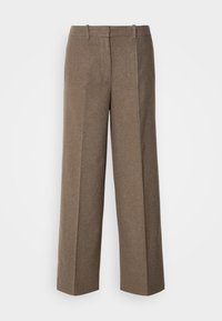 Pantalon en laine marron à jambes larges avec passants de ceinture et pli devant, présenté sur un fond blanc.