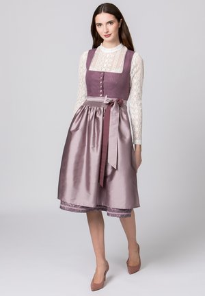 Purple satin dress with a fitted bodice, lace long-sleeve top, and a tied waist. Floral lace trim at the hem adds detail.