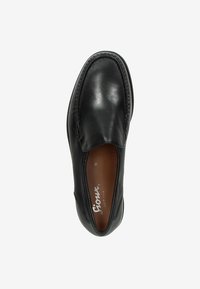 Zwarte leren instapschoen met een gladde textuur, ronde neus en elastische zijkanten. Heeft een bruine binnenzool en subtiele stikseldetails.