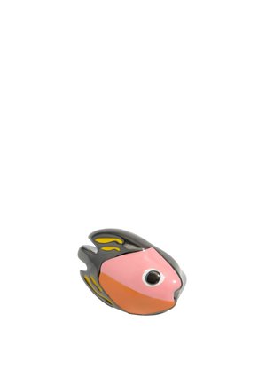 Ceramic fish figurine with pink, orange, and gray coloration; features yellow accents and a black eye; smooth texture and curved shape.