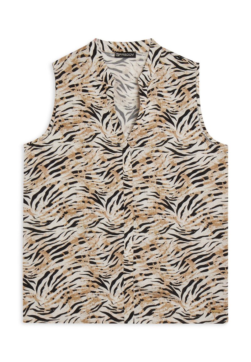 Top sin mangas en un tejido estampado que combina rayas de cebra en negro, blanco y marrón, con un diseño de cuello en V.