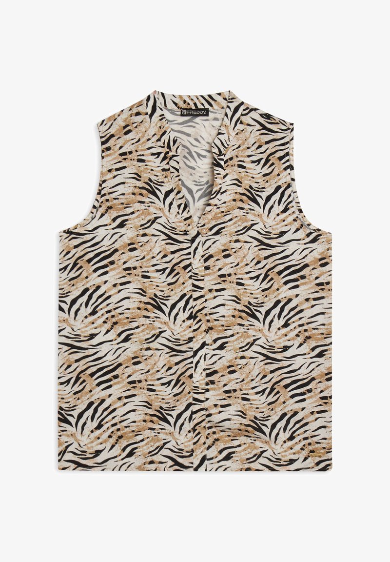 Top sin mangas en un tejido estampado que combina rayas de cebra en negro, blanco y marrón, con un diseño de cuello en V.