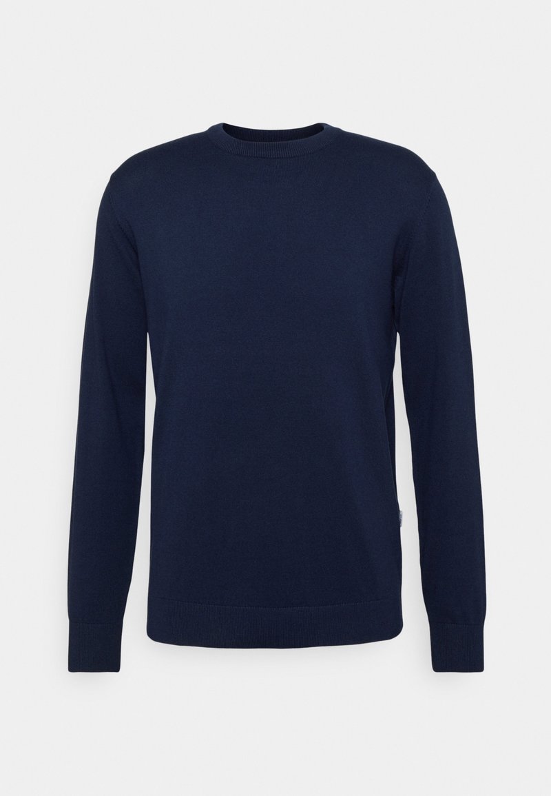 Maglione lavorato a maglia blu navy con scollatura rotonda, maniche lunghe e polsini e orlo a costine, caratterizzato da una superficie liscia e senza motivi visibili.