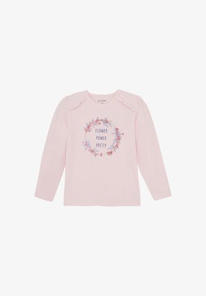 Rosa Langarmshirt aus weichem Stoff, mit Rüschen an den Schultern und einem Blumenmuster, auf dem der Text "Flower Power Pretty" steht.