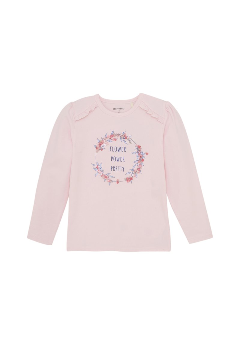 Rosa långärmad skjorta i mjukt tyg, med rynkade axeldetaljer och ett blommönster med texten "Flower Power Pretty."