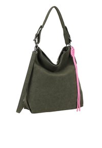 Borsa a spalla verde oliva con una texture morbida, caratterizzata da un effetto di corda rosa e spallacci regolabili, fissati con accessori in argento.