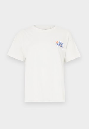 White cotton t-shirt featuring a blue and orange graphic text design on the left chest area. Classic short sleeves and round neckline.