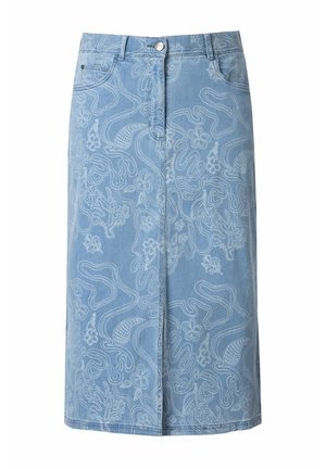 Světle modrá midi denimová sukně s předními knoflíky a zipem, zdobená jemnými bílými paisley a květinovými vzory po celé ploše.