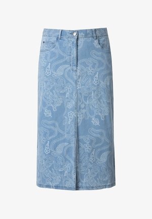 Lyseblå midi denimnederdel med knapper og lynlås foran, med diskrete hvide paisley- og blomsterprint over hele.