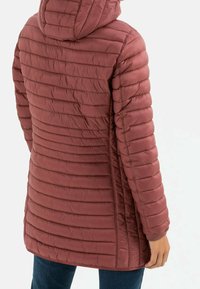 Red puffer jacket with a hood, featuring stitched horizontal panels, a smooth texture, and ribbed cuffs. Back view shows length to thighs.