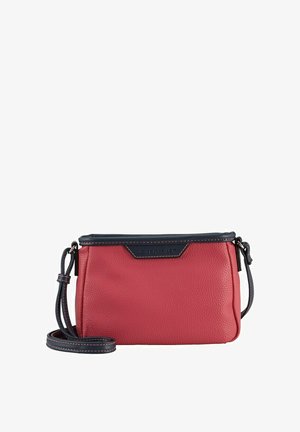 Rote Leder-Crossbody-Tasche mit strukturiertem Finish, marineblauen Akzenten, verstellbarem Riemen und auffälligem Logo-Detail auf der Vorderseite.
