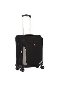 Valigia nera con ruote, manico telescopico in alluminio, dettagli grigi, tasche laterali e quattro ruote multidirezionali per una facile mobilità.