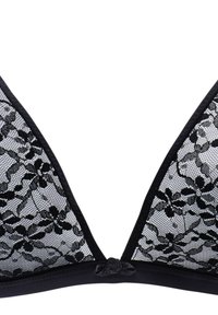 Schwarzes Spitzen-Bralette mit floralem Muster, dreieckigen Cups und Satinbesatz. Mit einem kleinen Rosenakzent in der Mitte des Bandes.