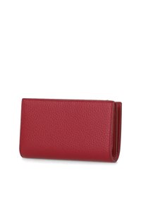 Roodleren portemonnee met een gestructureerde afwerking, rechthoekige vorm en een geplooid ontwerp. Heeft gestikte randen en geen zichtbare hardware.