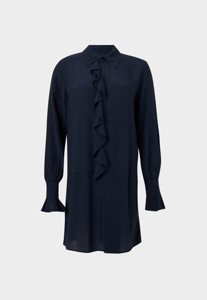 Robe bleu marine à manches longues avec col pointu, volants verticaux à l'avant et volants évasés aux poignets des manches.