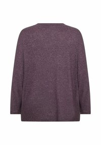 Lila, hosszú ujjú felső, texturált anyagból, laza fazonnal és kerek nyakkivágással; egyszínű és egyszerű hátsó design jellemzi.