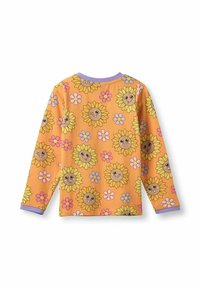 Langarmshirt aus orangefarbenem Baumwollstoff mit Sonnenblumen- und Blumenmustern. Mit lila Akzenten am Kragen und an den Manschetten.