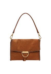 Brown suede handbag with a gold clasp, featuring a braided edge detail. Crossbody strap for versatile carrying options. Rectangular shape.