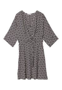 Robe noir et blanc avec motif en vagues, manches courtes, décolleté en V, taille cintrée et jupe fluide.