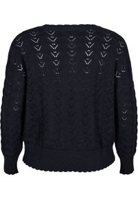 Marineblauer Strickpullover mit einem Spitzenmuster, runder Halsausschnitt, langen Ärmeln und geripptem Saumdetail. Leichte Textur mit offenem Gewebemuster.