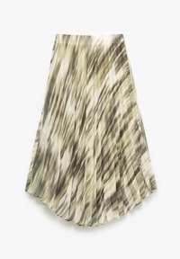 Falda plisada en beige claro con patrones abstractos en verde y marrón, que presenta un diseño fluido y una textura suave.