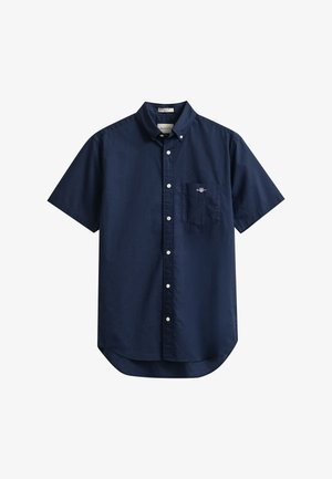 Marineblaue Kurzarm-Hemd mit Knopfleiste, geknöpftem Kragen und Brusttasche mit kleinem gesticktem Logo.