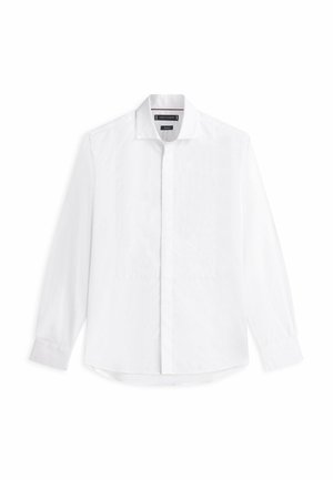 Biała koszula z długim rękawem, uszyta z gładkiego materiału, z klasycznym kołnierzykiem, z przodu na guziki oraz prostym dołem o delikatnym łuku.