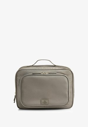 Grau Stoff-Reisetasche mit zwei Reißverschlussfächern, einem oberen Griff und einem kleinen Logopatch auf der Vorderseite. Glattes, langlebiges Material.