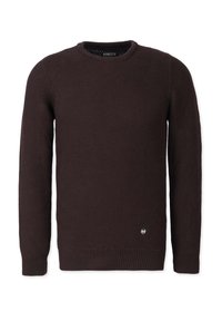 Dunkelbrauner gestrickter Pullover mit strukturiertem Muster, Rundhalsausschnitt und gerippten Bündchen. Am unteren linken Rand befindet sich ein kleines Logo.