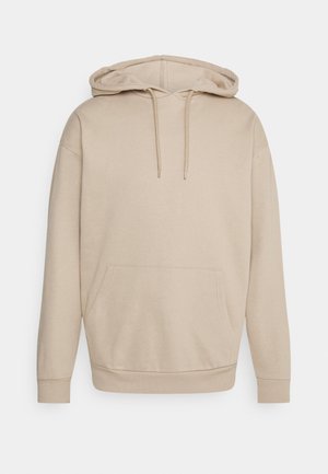 Beige hooded sweatshirt with a front pocket, drawstring, and ribbed cuffs, made from smooth fabric. Simple and unadorned design.