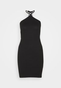 Robe noir en tricot côtelé avec un design à col halter. Présente des bretelles fines et une silhouette ajustée, se terminant au-dessus du genou.