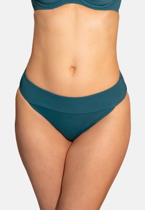 Teal bikini bottom with a smooth finish, featuring a wide waistband and moderate coverage. Fabric appears stretchy with a matte texture.