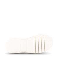Witte schoensole met een gestructureerd diamantpatroon en vier diepe horizontale groeven nabij de teen, met een "Gabor" merkimprint in het midden.