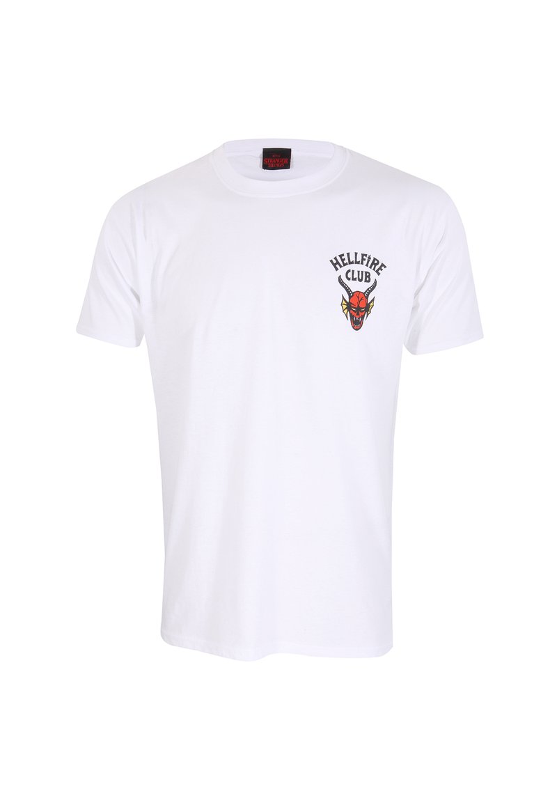 Bílý bavlněný tričko s krátkým rukávem, na levé straně hrudi s potiskem „Hellfire Club“ v červené a černé barvě. Klasický design s kulatým výstřihem.
