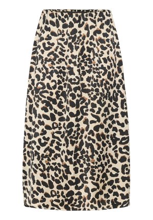 Jupe en imprimé léopard beige, avec des taches noires et brunes. Forme évasée avec une taille élastique pour plus de confort. Texture lisse.
