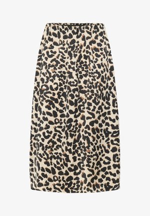 Jupe en imprimé léopard beige, avec des taches noires et brunes. Forme évasée avec une taille élastique pour plus de confort. Texture lisse.