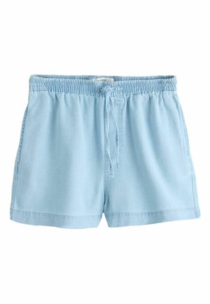 Hellblaue lässige Shorts mit elastischem Bund und vorderem Kordelzug, aus weichem Stoff gefertigt, geeignet für entspanntes Tragen.