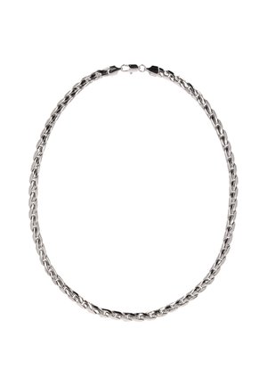 Hopeaketju, valmistettu hopeanvärisestä ruostumattomasta teräksestä, jossa on toisiinsa kytkeytyvät lenkit, sileä pinta ja turvallinen suljin. Klassinen muotoilu, minimaalinen rakenne.